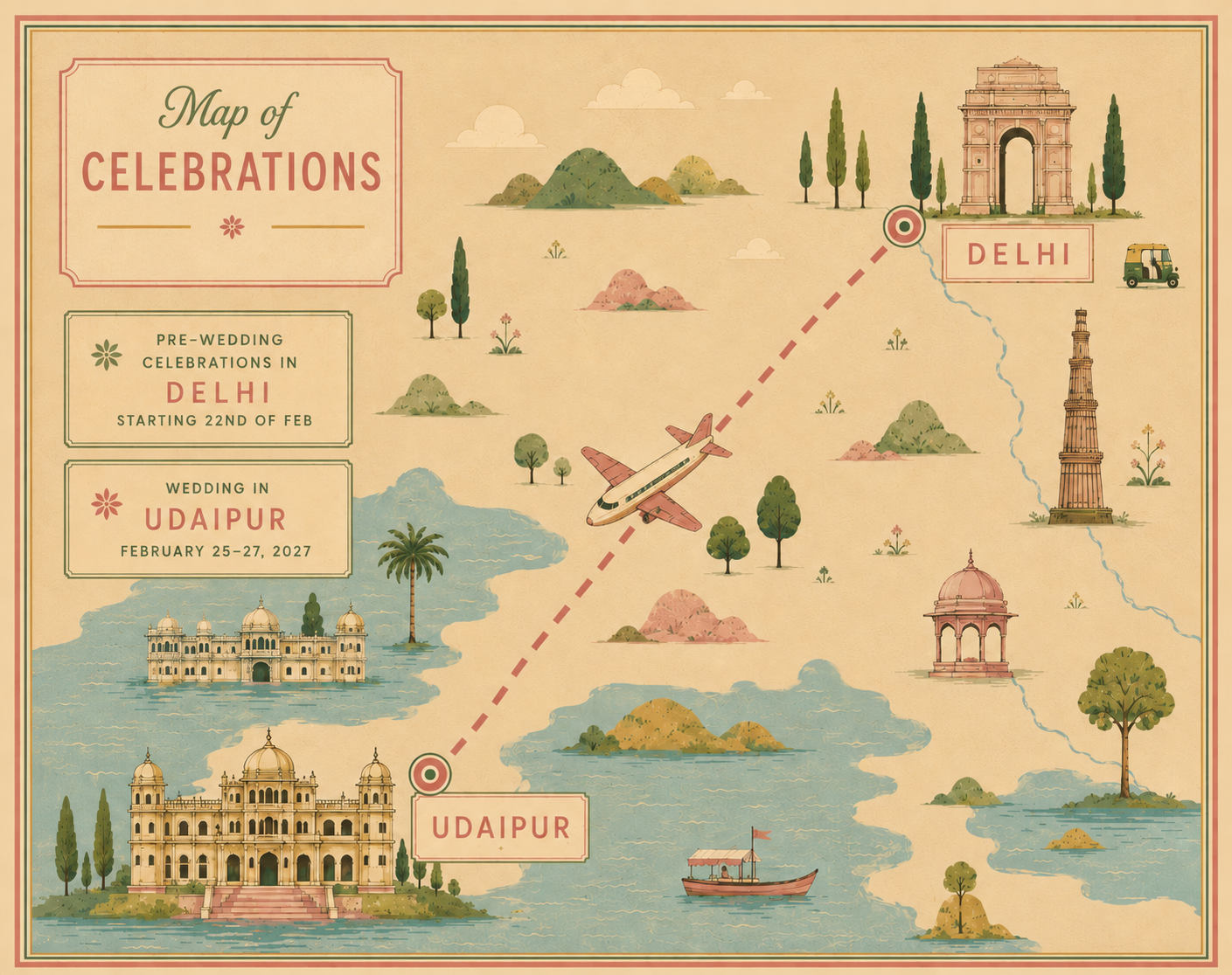 Map of celebrations: pre-wedding celebrations in Delhi starting 22nd of February, and wedding in Udaipur February 25-27, 2027.